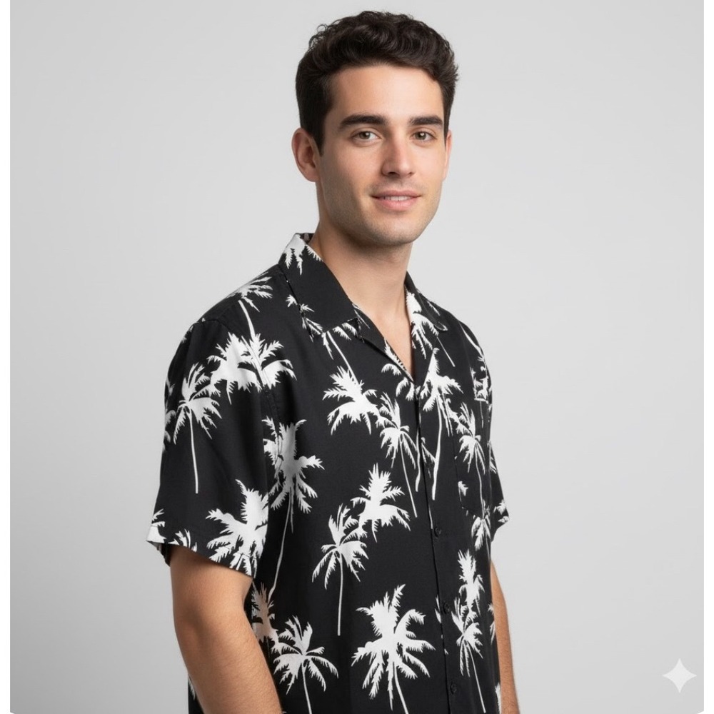 India Boutique Mens Black White Palm Tree Aloha Shirt L Short Sleeve Button Down